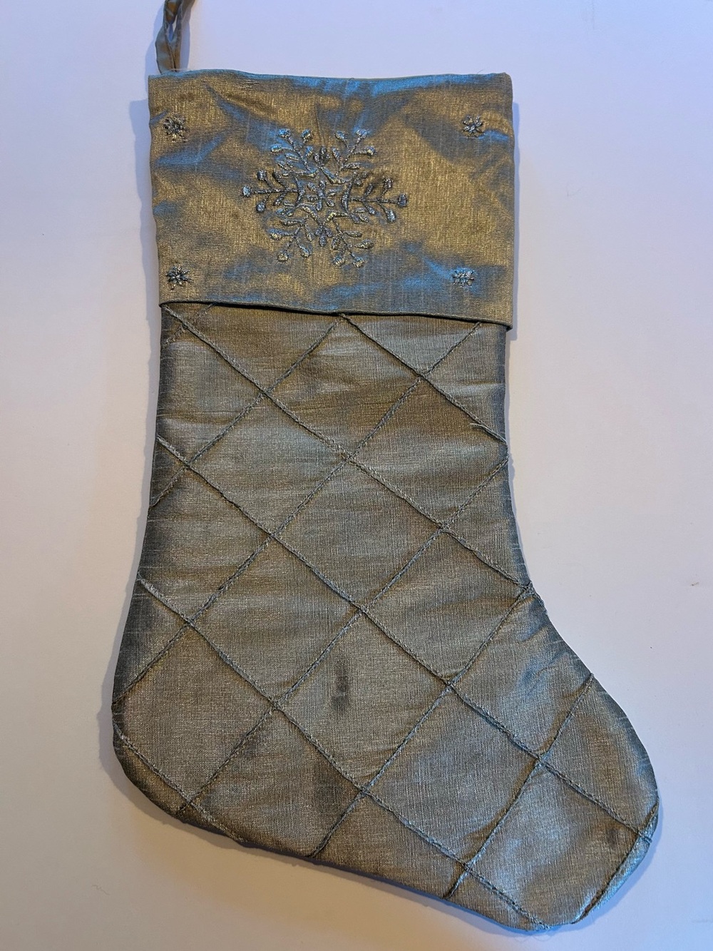 Silver grey quilted Christmas stocking shimmery, snowflake detailed cuff
